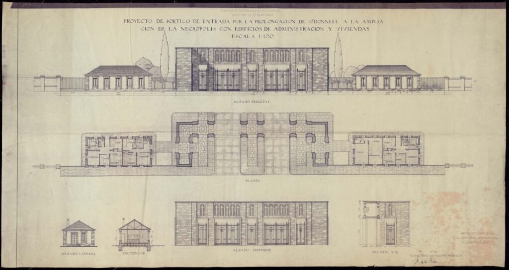Miniatura de Proyecto del pórtico de entrada a la Metrocrópolis del Este, con edificios de administración y viviendas. Prolongación c/ O?Donnell. Septiembre 1954