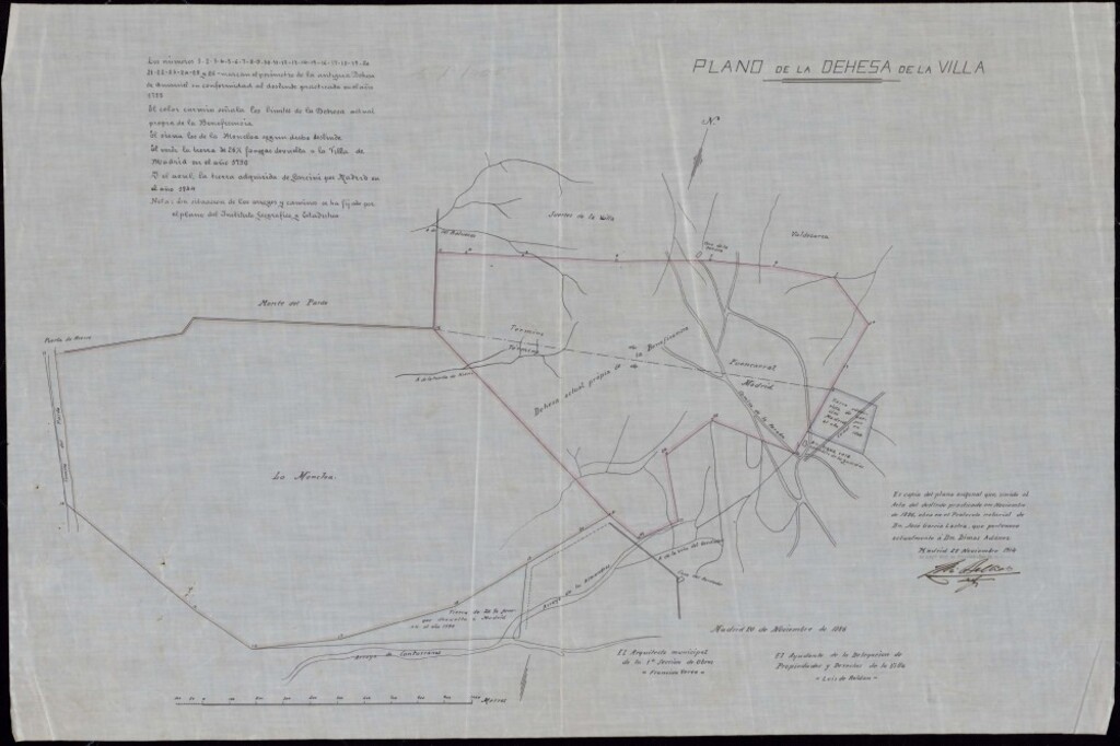Miniatura de Plano de la Dehesa de la Villa. Es copia del plano original que, unido al Acta del deslinde practicado en noviembre de 1886, obra en el Protocolo Notarial de D. José García Lastra, que pertenece actualmente a D. Dienas Adámez.