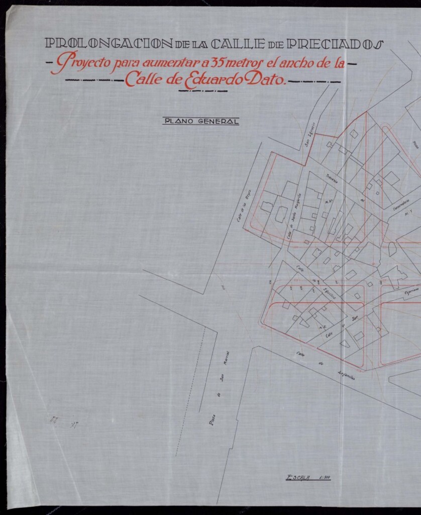 Miniatura de Proyecto de reforma prolongación de la calle Preciados. Proyecto para aumentar en 35 metros el ancho de la calle de Eduardo Dato. Madrid julio 1927.