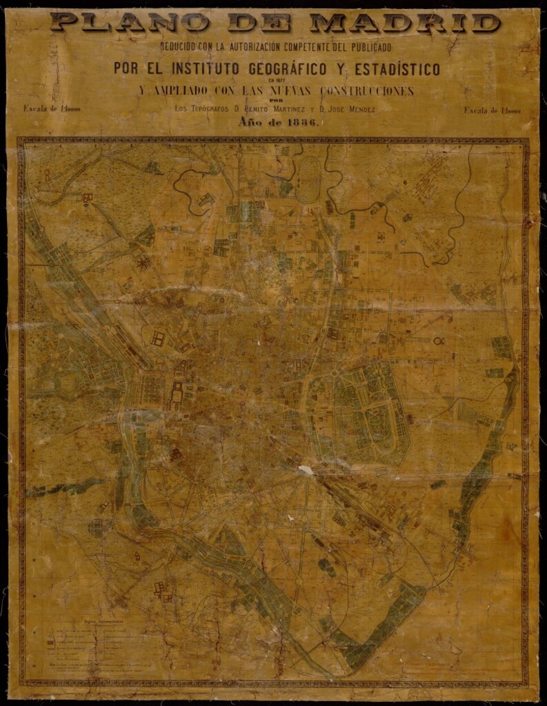 Miniatura de Plano de Madrid reducido con autorización competente, publicado por el Instituto Geográfico y Estadístico en 1872 y ampliado con las nuevas construcciones.
