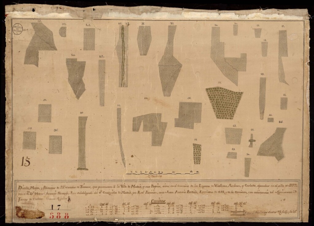 Miniatura de Diseño, mapa y pintura de 27 suertes de tierra que pertenecen a la villa de Madrid y sus propios sitas en... los lugares de Vicálvaro, Ambroz, y Coslada. Apeado por D. Manuel Antonio Naranjo (Juez Subdelegado del Corregidor) ante Juan Antonio Badiola