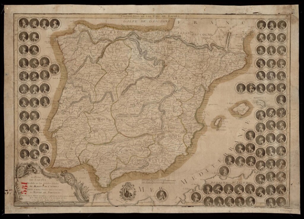 Miniatura de El Reino de España dividido en dos grandes estados de Aragón y de Castilla, subdividido en muchas provincias, donde se halla también el Reino de Portugal. Compuesto sobre la memorias más modernas y rectificada por las Observaciones Astronómicas