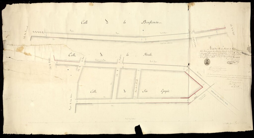 Miniatura de Alineación de las calles Beneficiencia (ant. F. Benito), Florida (hoy Mejía Lequerica), Sopropio, trav. Florida. 1860-mayo-21.