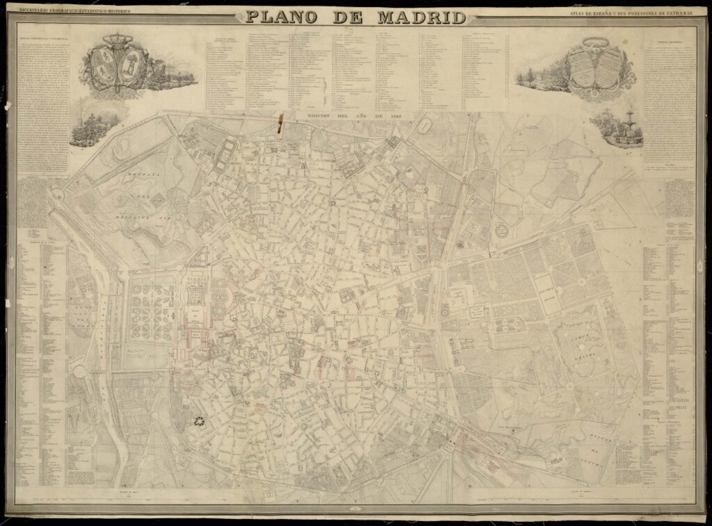 Miniatura de Plano de Madrid. Es copia del que formaron D. Juan Merlo, D. Fernando Gutiérrez y D. Juan de Ribera desde 1841-1846... Publicado por D. Francisco Coello y D. Pascual Madoz. Grabado en Madrid bajo la dirección de Juan Noguera. Contorno y topografía por Decorbie y Leclerq. La letra por Bacot.