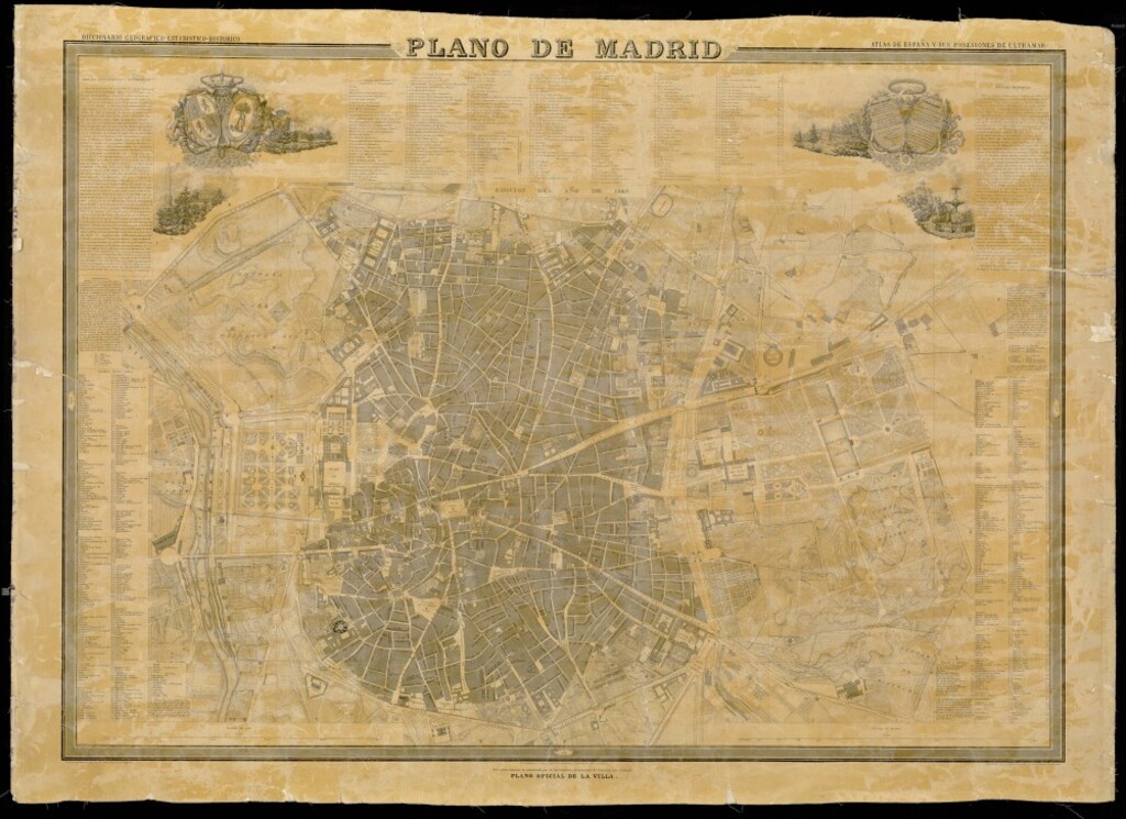 Miniatura de Plano de Madrid. Es copia del que formaron D. Juan Merlo, D. Fernando Gutiérrez y D. Juan de Ribera desde 1841-1846... Publicado por D. Francisco Coello y D. Pascual Madoz. Grabado en Madrid bajo la dirección de Juan Noguera. Contorno y topografía por Decorbie y Leclerq. La letra por Bacot.