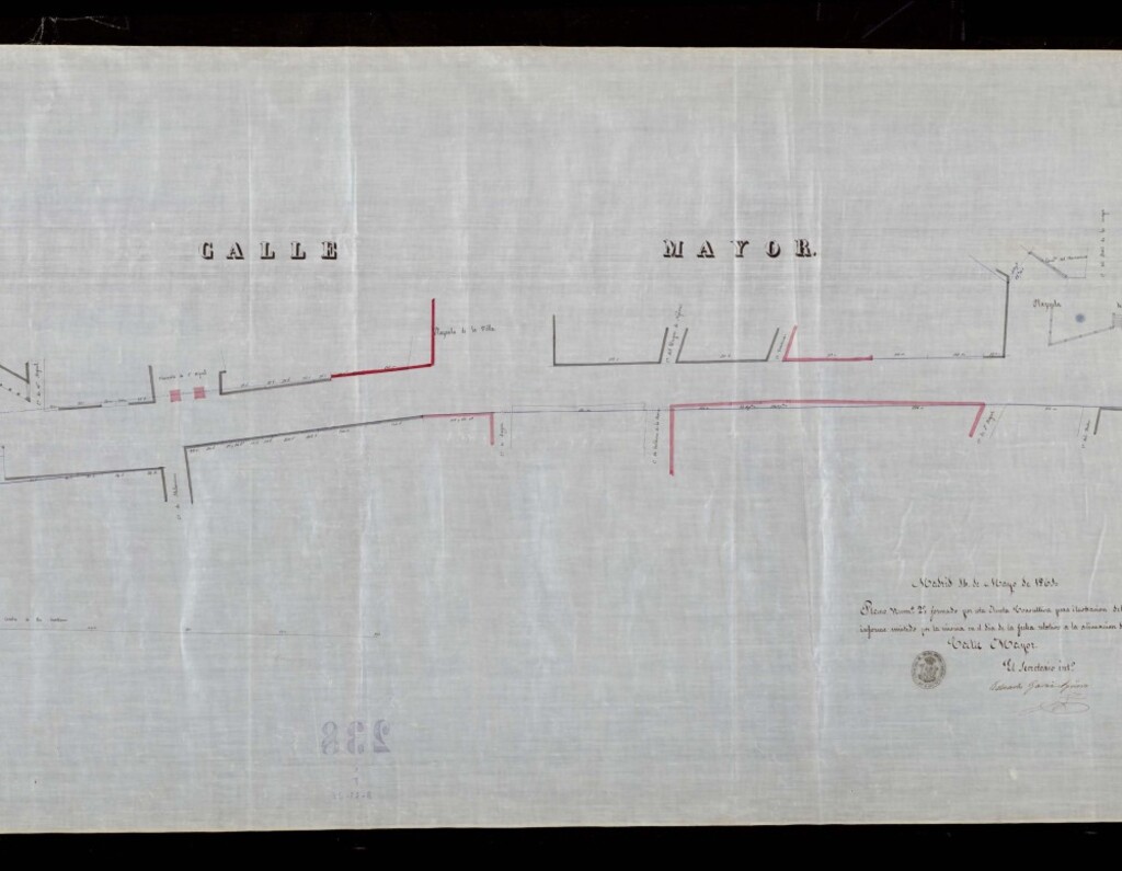 Miniatura de Planos nº 1 y 2 de la calle Mayor, formados por la Junta Consultiva para ilustración del informe emitido por la misma en el día de la fecha, relativa a la alineación de la calle Mayor. 1861-mayo-14. 413-Secretaría (64) (alineaciones).