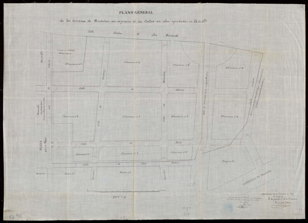 Miniatura de Plano general de los terrenos de Moneleón, con expresión de las calles en ellos aprobadas en 24 de Septiembre. Aprobado el 24-IX-1877.