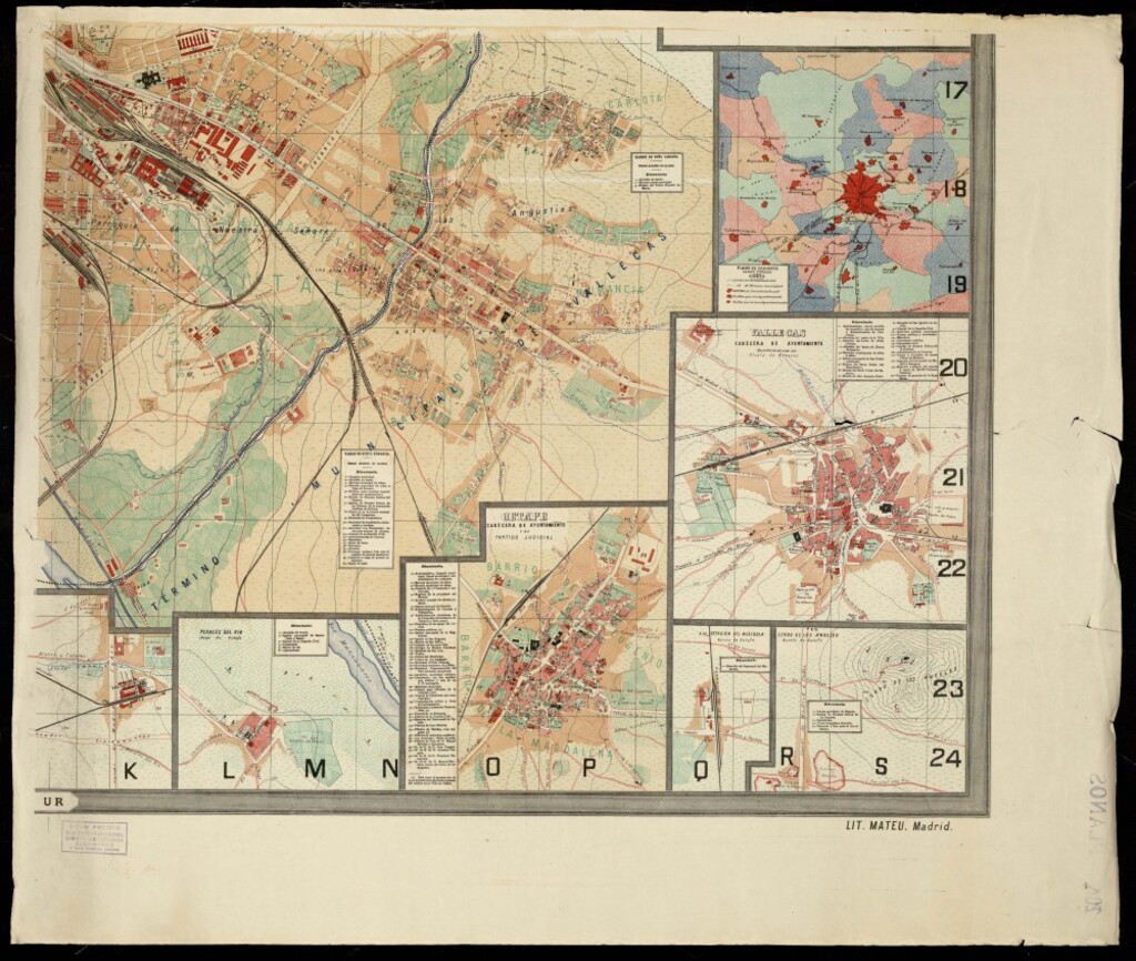 Miniatura de Plano De Madrid y su término municipal. Comprende la parte S. correspondiente al término de Vallecas. Lit. Mateu (s.a.)