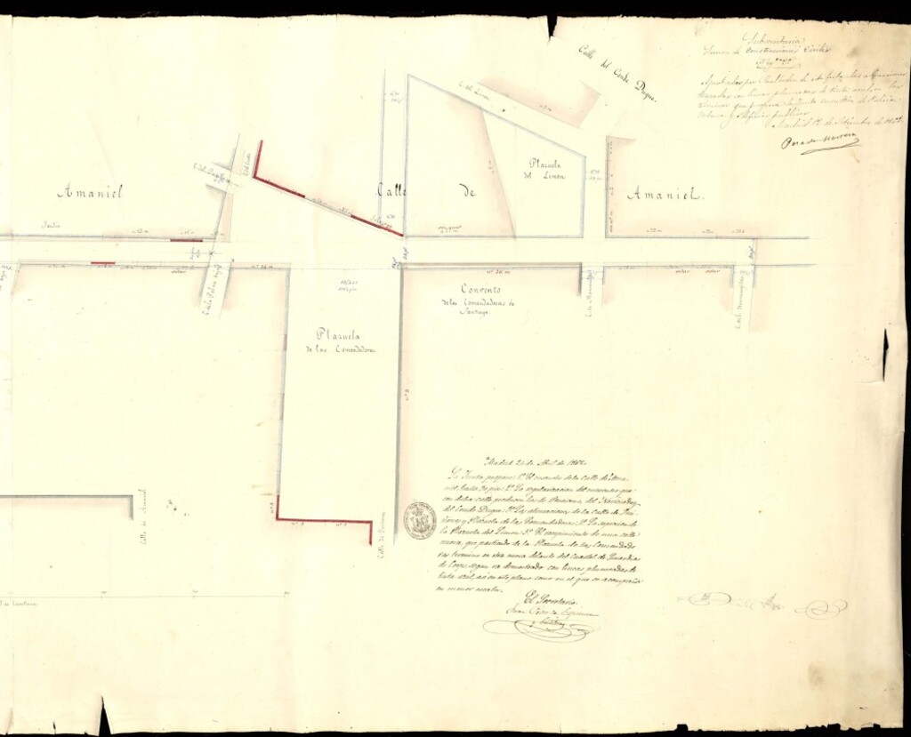 Miniatura de Ensanche de la calle de Amaniel; regularización del encuentro de dicha calle con la de Ponciano, Noviciado y Conde Duque; alineación de la c de Quiñones y pza. Comendadoras. Impresión de la del Limón; rompimiento de una calle nueva desde la pz. las Comendadoras