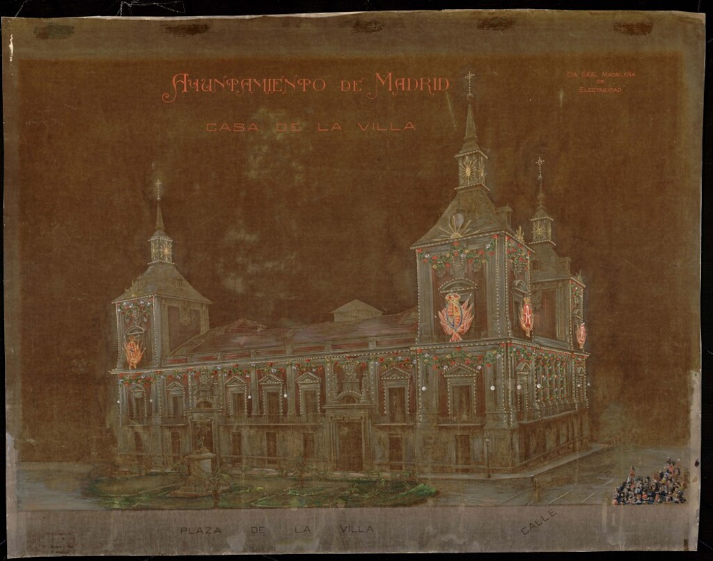 Miniatura de Primera Casa Consistorial. Ayuntamiento de Madrid. Casa de la Villa. Adorno de la fachada. Cía Española de Electricidad. 1906.