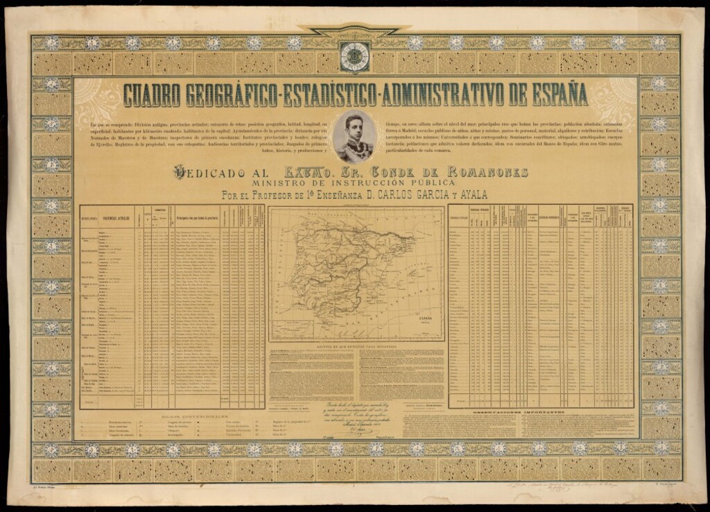 Miniatura de Cuadro geográfico-estadístico-administrativo de España...dedicado al Excmo. Sr. Conde de Romanones... por el profesor de 1ª enseñanza de Carlos García y Ayala. Madrid.
