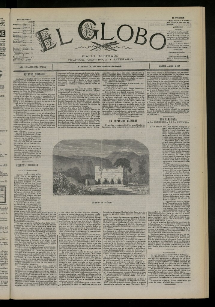 Miniatura de El Globo : diario ilustrado del 14 de septiembre de 1888, nº 4699