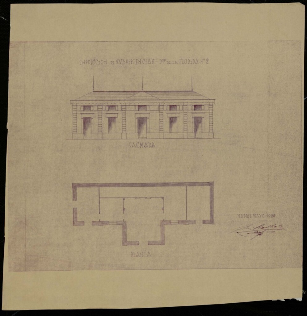 Miniatura de Fachada y planta de la Inspección de Subsistencias en el Pº de la Florida nº 2.