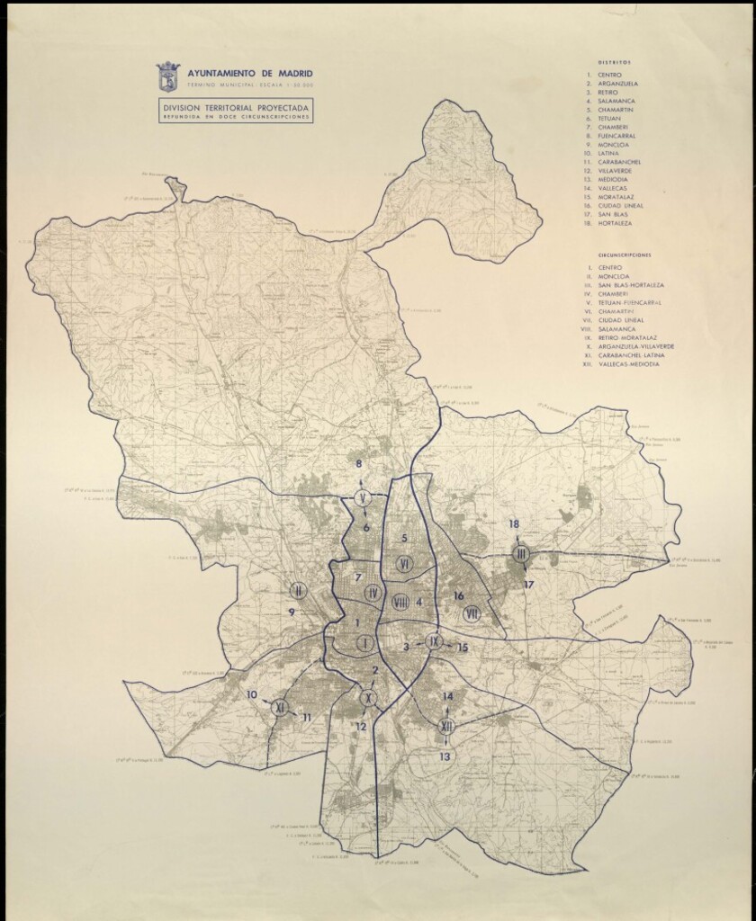 Miniatura de Madrid Término Municipal. División Horizontal Proyectada. Refundida en doce circunscripciones