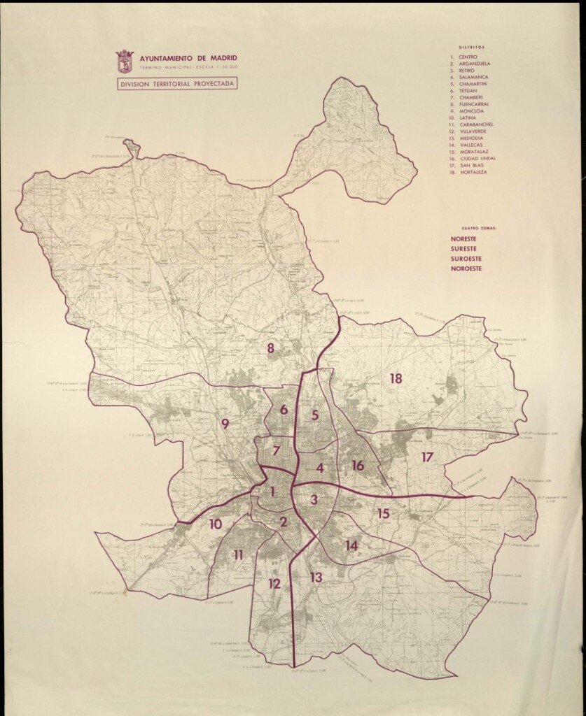 Miniatura de Madrid Término Municipal. División Territorial Proyectada. Cuatro zonas: Noreste, Sureste, Suroeste, Noroeste