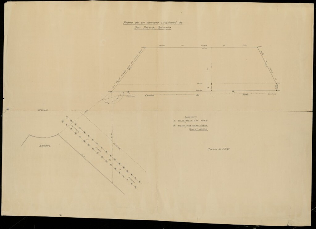 Miniatura de Plano de un terreno en el Camino del Vado propiedad de D. Ricardo Goizueta. Sin firma.
