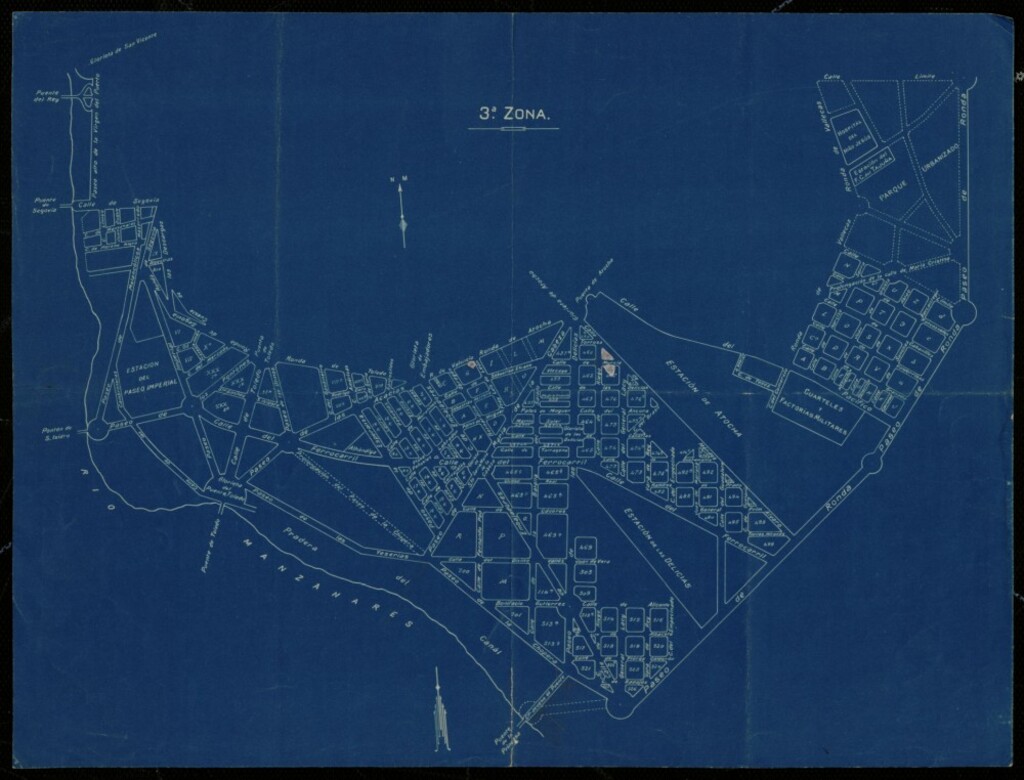 Miniatura de Plano de la 3ª zona del Ensanche de Madrid entre la Ronda de Toledo y río Manzanares y el Pº de Ronda