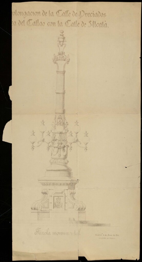 Miniatura de Farola monumental, Madrid 15 junio 1901, prolongación de la calle de Preciados, del Callao con la calle de Alcala, falta una parte.
