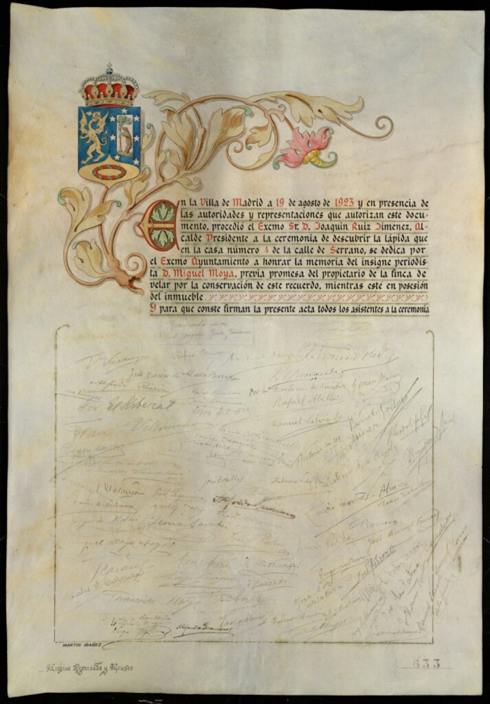 Miniatura de Firmas solemnes lápida a Miguel Moya 19 agosto 1923