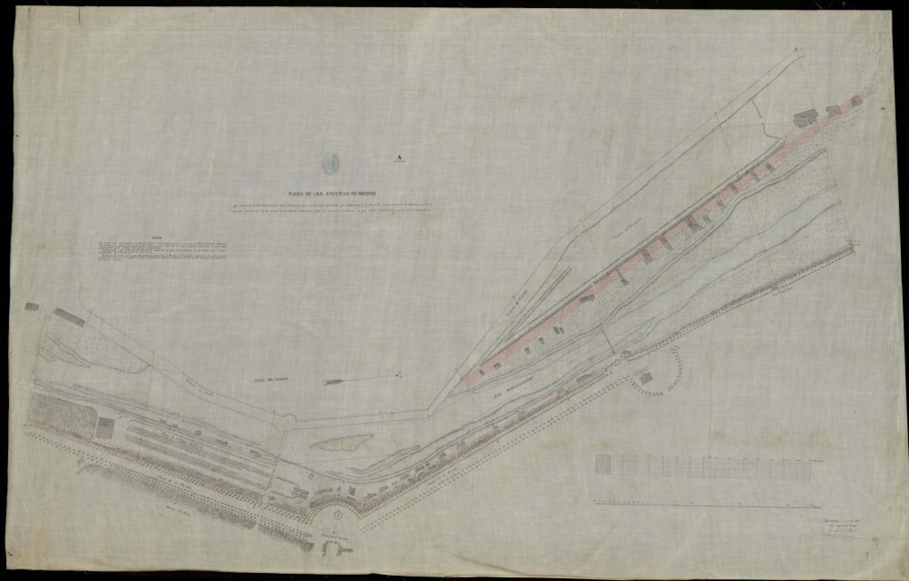 Miniatura de Plano de las afueras de Madrid que comprende el río Manzanares desde la casa situada en la carretera de Castilla que se denomina de la Bombilla hasta el puente de Segovia, con la proyección horizontal de las líneas de nivelación