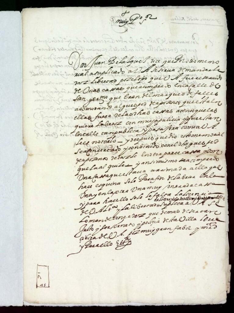 Miniatura de Don Juan Velázquez dueño de las casas que en la Carrera de San Jerónimo, fueron del marqués de Falces, solicita licencia para edificarlas de nuevo previa liberación de la carga de aposento.