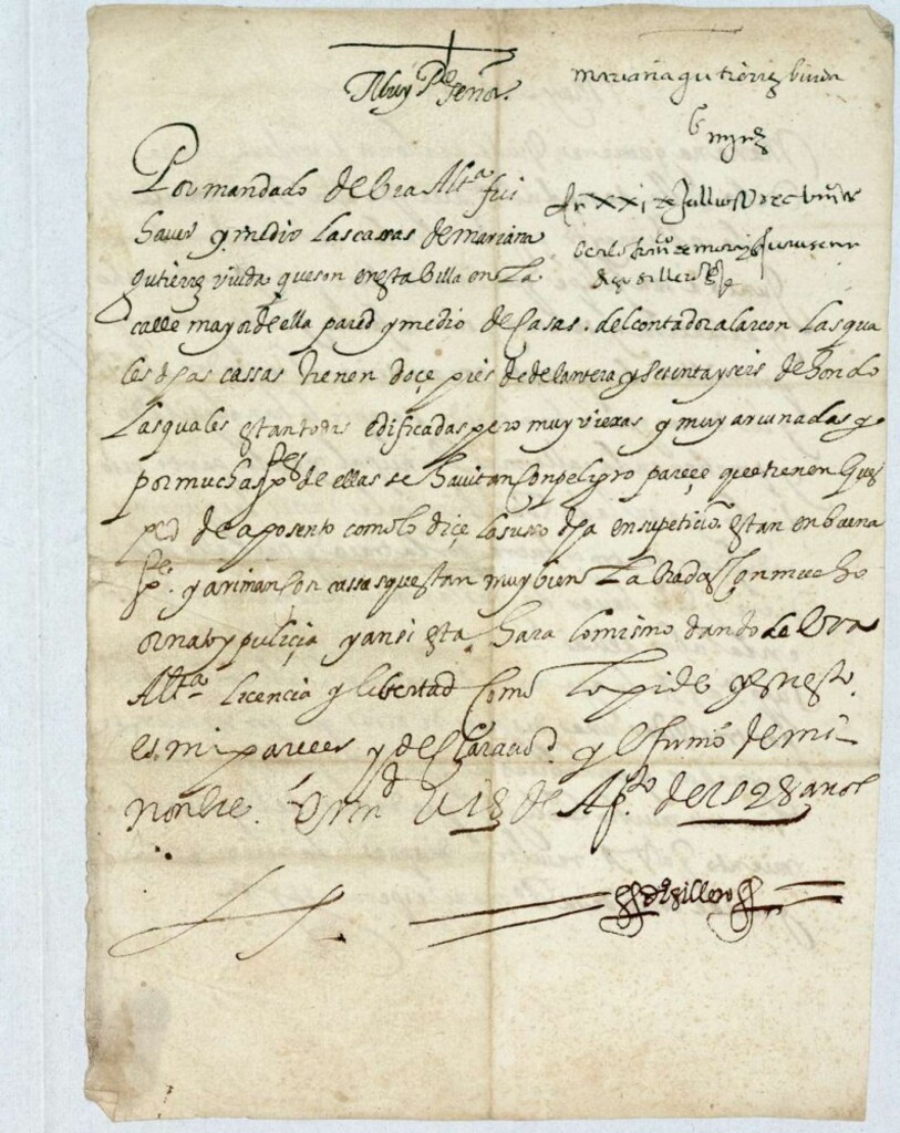 Miniatura de Mariana Guriérrez, viuda de Alonso de Córdoba solicita licencia previa exección de aposento para edificar una casa junto a San Felipe lindante con la del contador Alarcón.