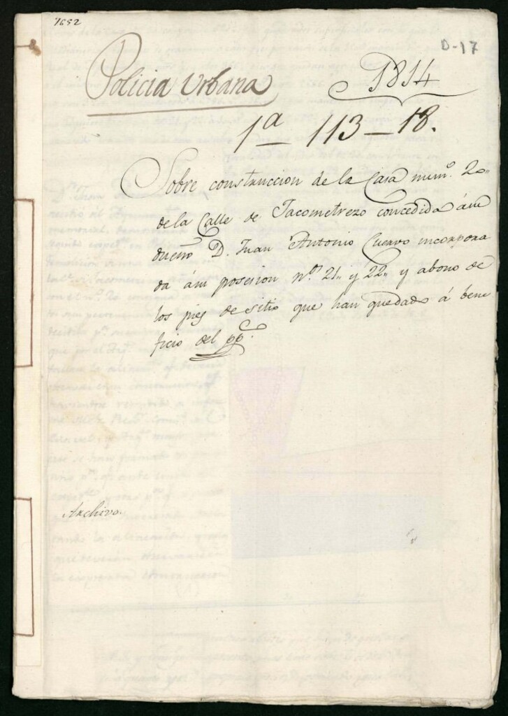 Miniatura de Licencia a Don Juan Antonio Cuervo para construir una casa en la calle de Jacometrezo nº 20 antiguo, manzana 379