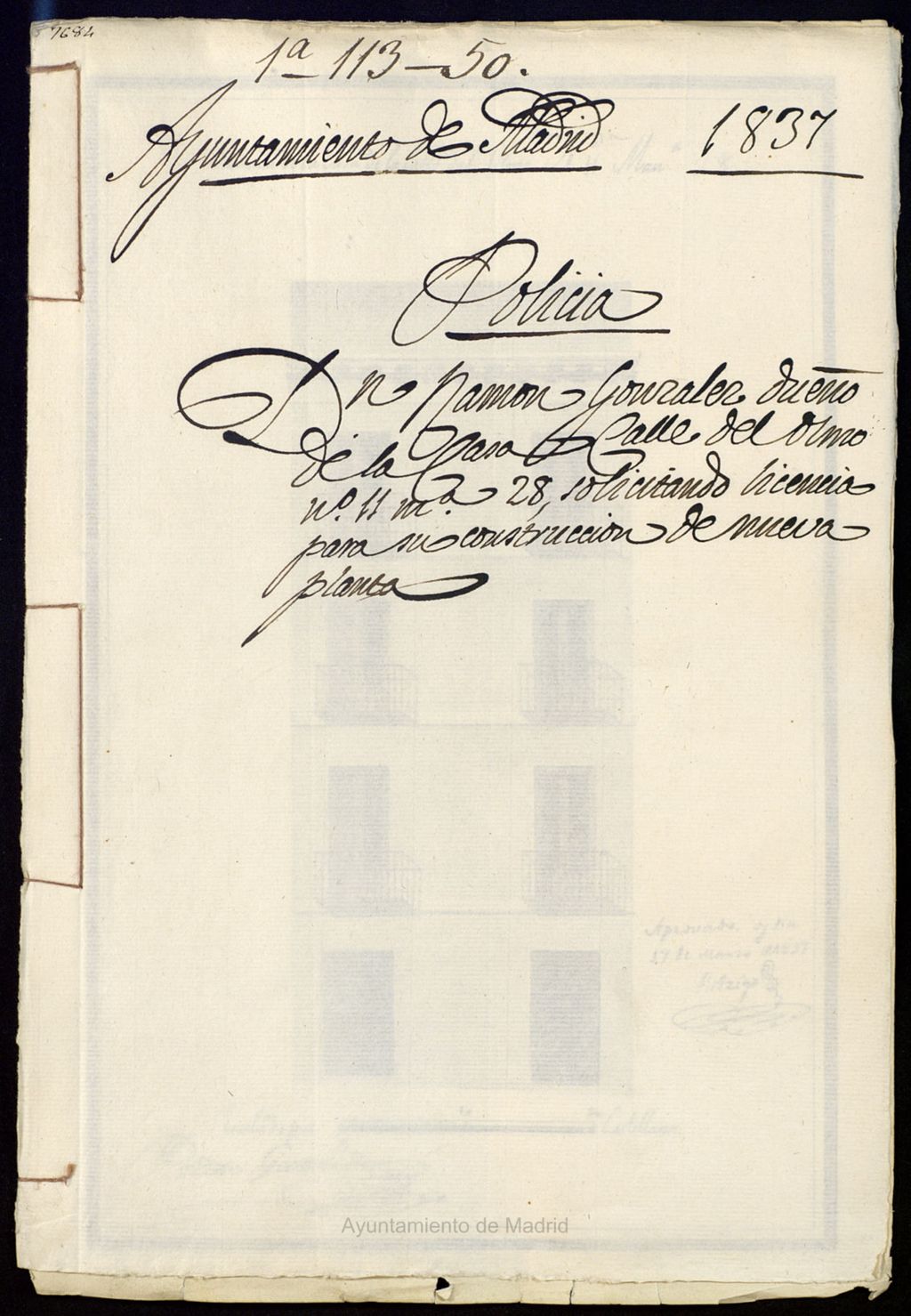 Miniatura de Don Ramón González dueño de la casa de la calle del Olmo, 11, manzana 28, solicitando licencia para su construcción de nueva planta.