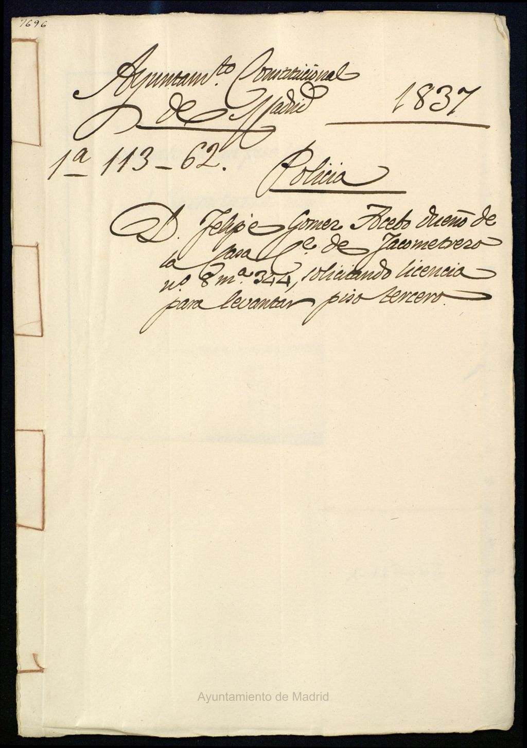 Miniatura de Don Felipe Gómez Acebo dueño de la casa, calle de Jacometrezo nº 8, manzana 344, solicitando licencia para levantar piso tercero.