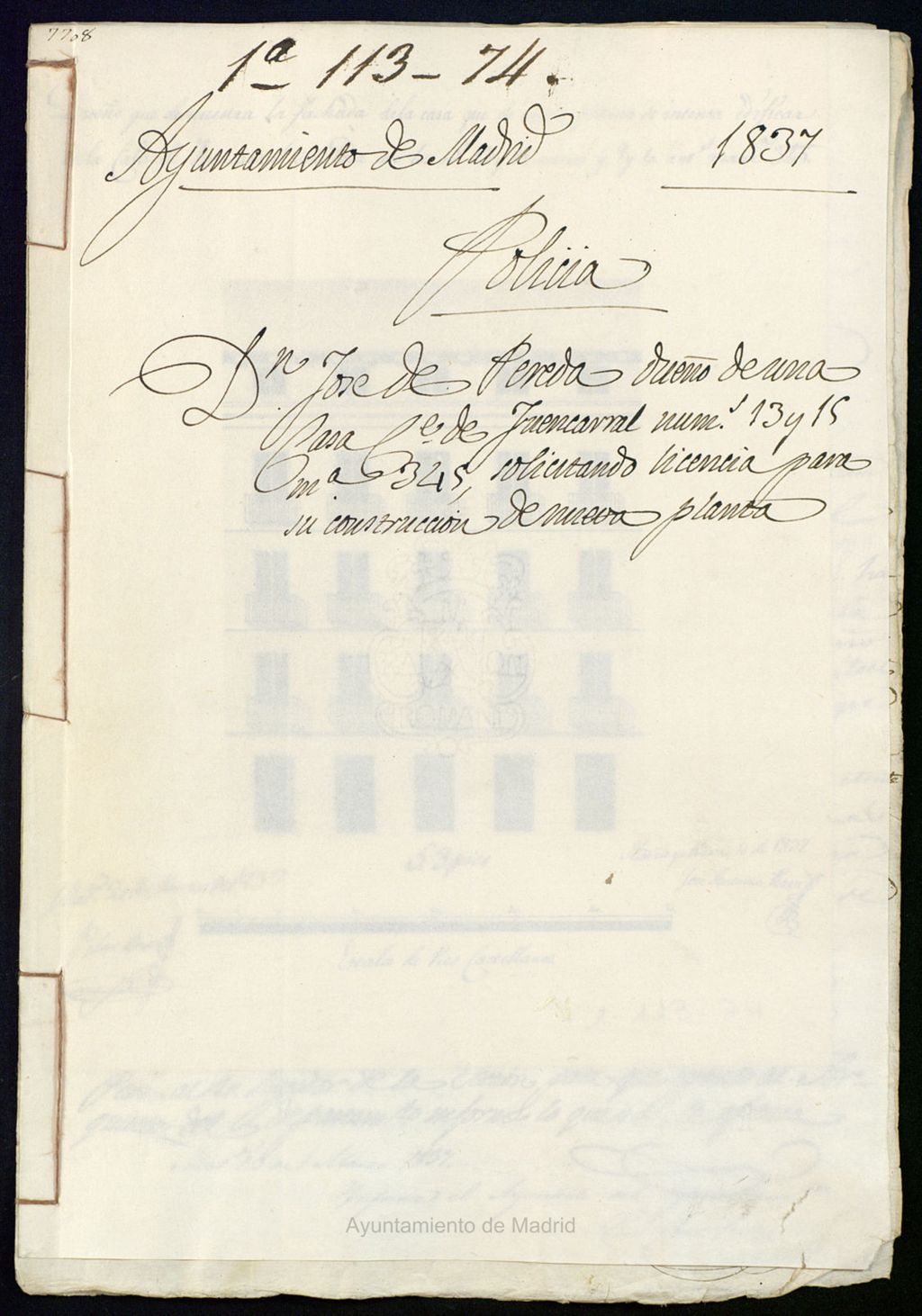 Miniatura de Don José Pereda, dueño de una casa, calle de Fuencarral nº 13 y 15, manzana 345, solicitando licencia para su construcción de nueva planta.