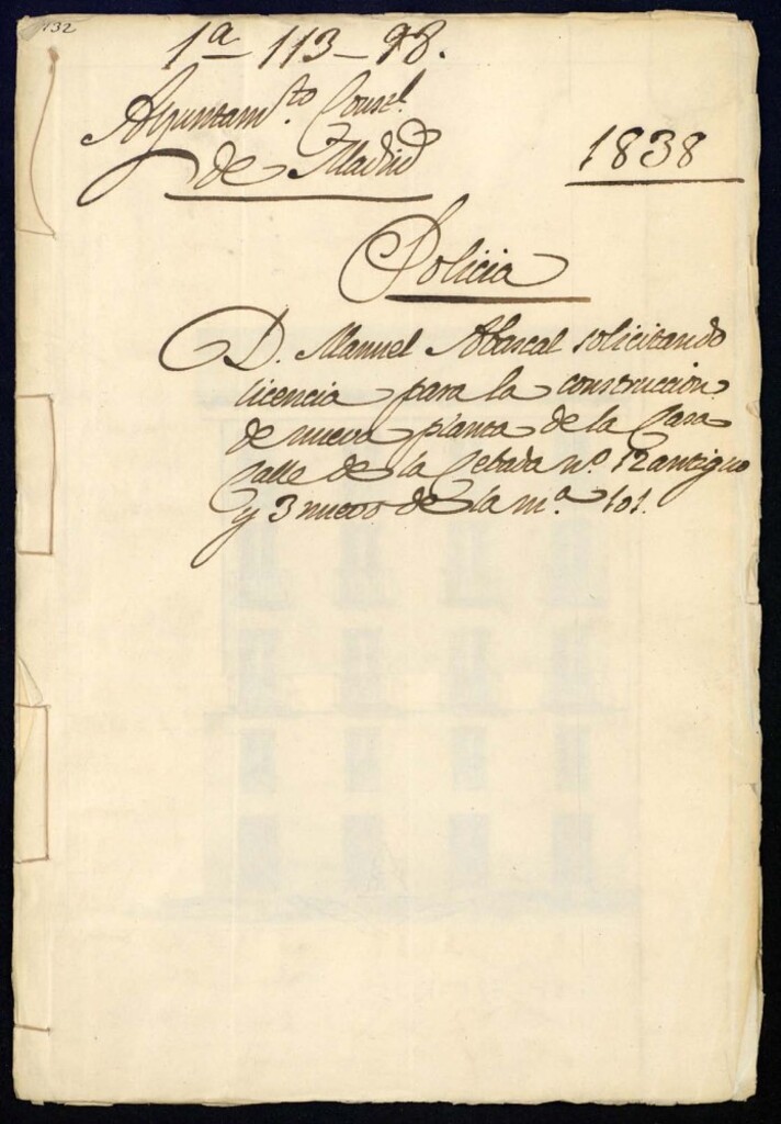 Miniatura de Don Manuel Abascal, solicitando licencia parala construcción de nueva planta de la casa, calle de la Cebada nº 12 antiguo y 3 nuevo de la manzana 101.