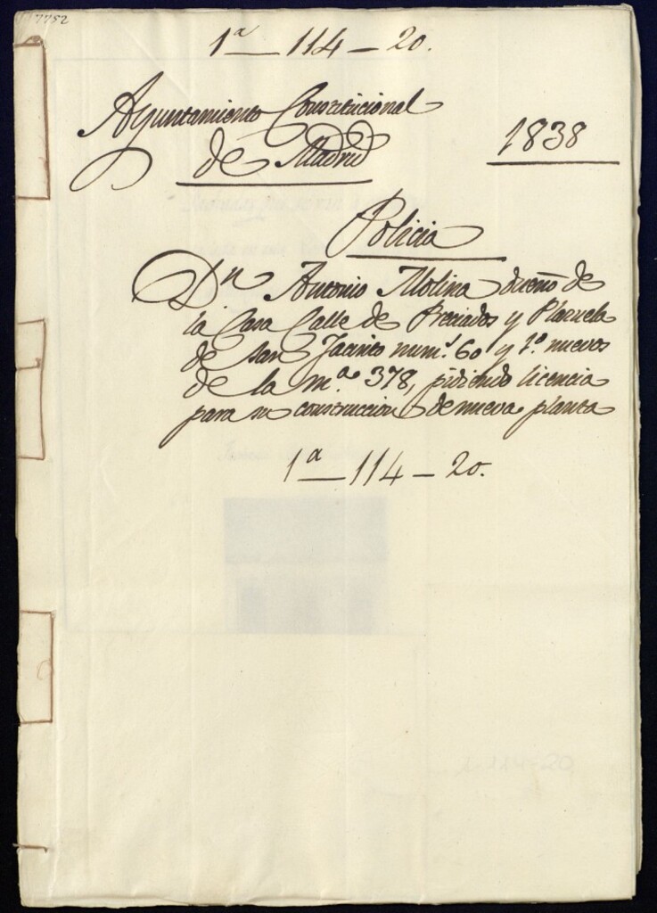 Miniatura de Don Antonio Molina dueño de la casa de la calle de Preciados y Plazuela de San Jacinto, 60 y 1 nuevos y 11 antiguo de la manzana 378, pidiendo licencia para su construcción de nueva planta.