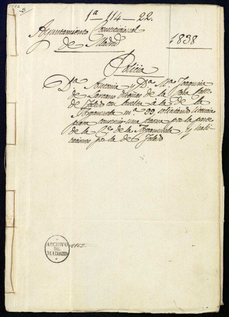 Miniatura de Doña Antonia y Doña María Joaquina de Larcano Dueñas de la casa, calle de Toledo con vuelta á la de la Arganzuela, manzana 99, solicitando licencia para construir una taona por la parte de la calle de la Arganzuela y habitaciones por la de Toledo.
