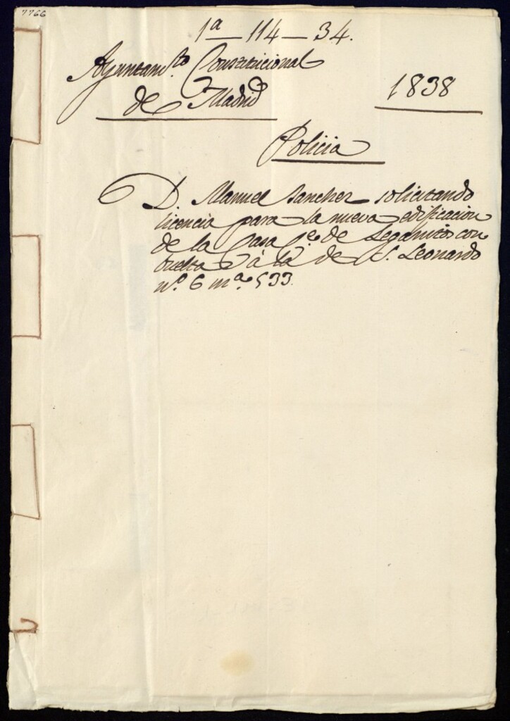 Miniatura de Don Manuel Sánchez solicitando licencia para la nueva edificación de la casa de la calle de Leganitos con vuelta a la de San Leonardo, 6, manzana 533