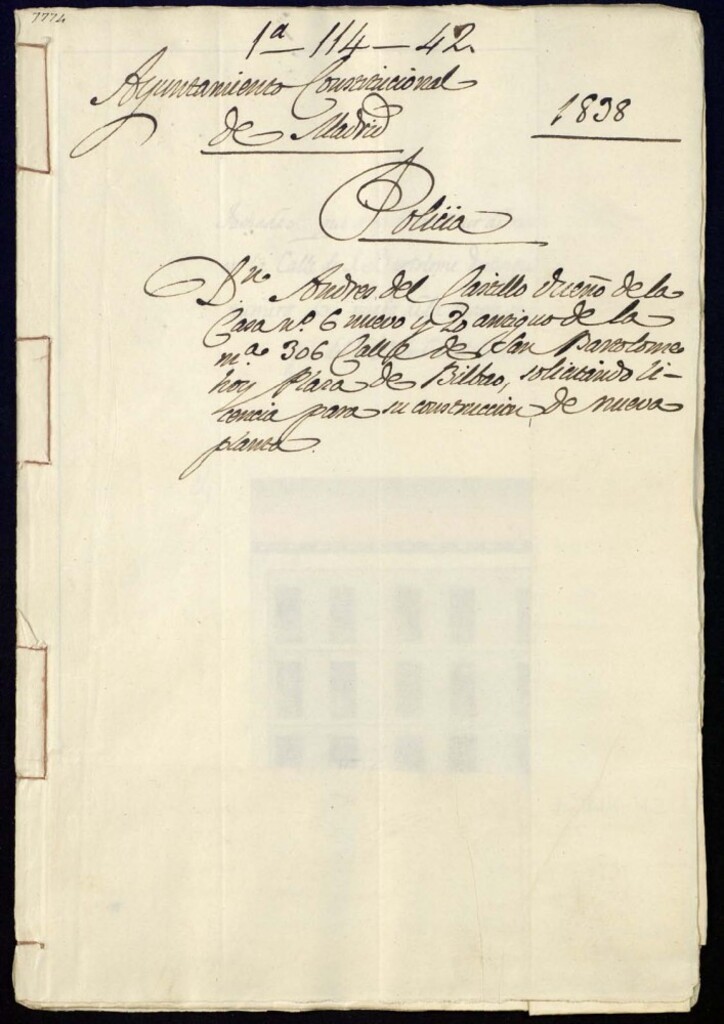 Miniatura de Don Andrés del Castillo dueño de la casa, 6 nuevo y 20 antiguo de la manzana 306 calle de San Bartolomé hoy Plaza de Bilbao, solicitando licencia para su construcción de nueva planta.