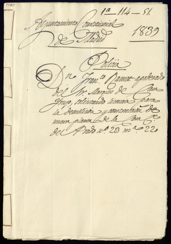 Miniatura de Don Francisco Ramet apoderado del señor marqués de Casa Irujo, solicitando licencia para la demolición y construcción de nueva planta de la casa de la calle del Prado, 23, manzana 220.