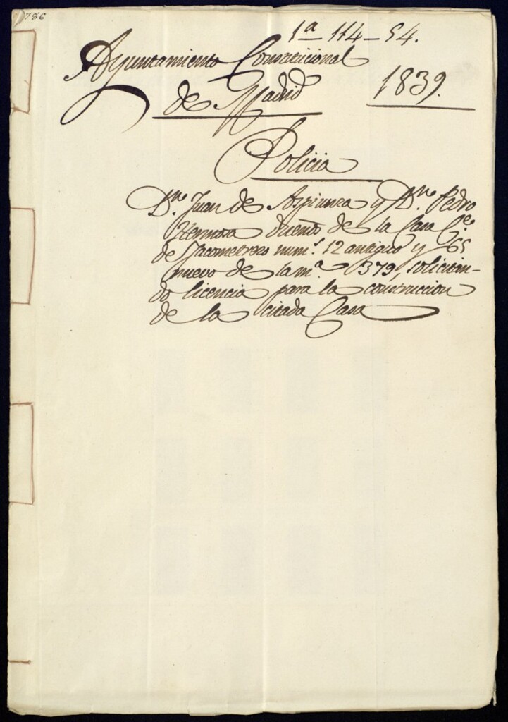 Miniatura de Don Juan de Aspiura y don Pedro Hermoso dueños de la casa de la calle de Jacometrezo número 12 antiguo y 65 nuevo de la manzana 379, solicitando licencia para la construcción de la citada casa.