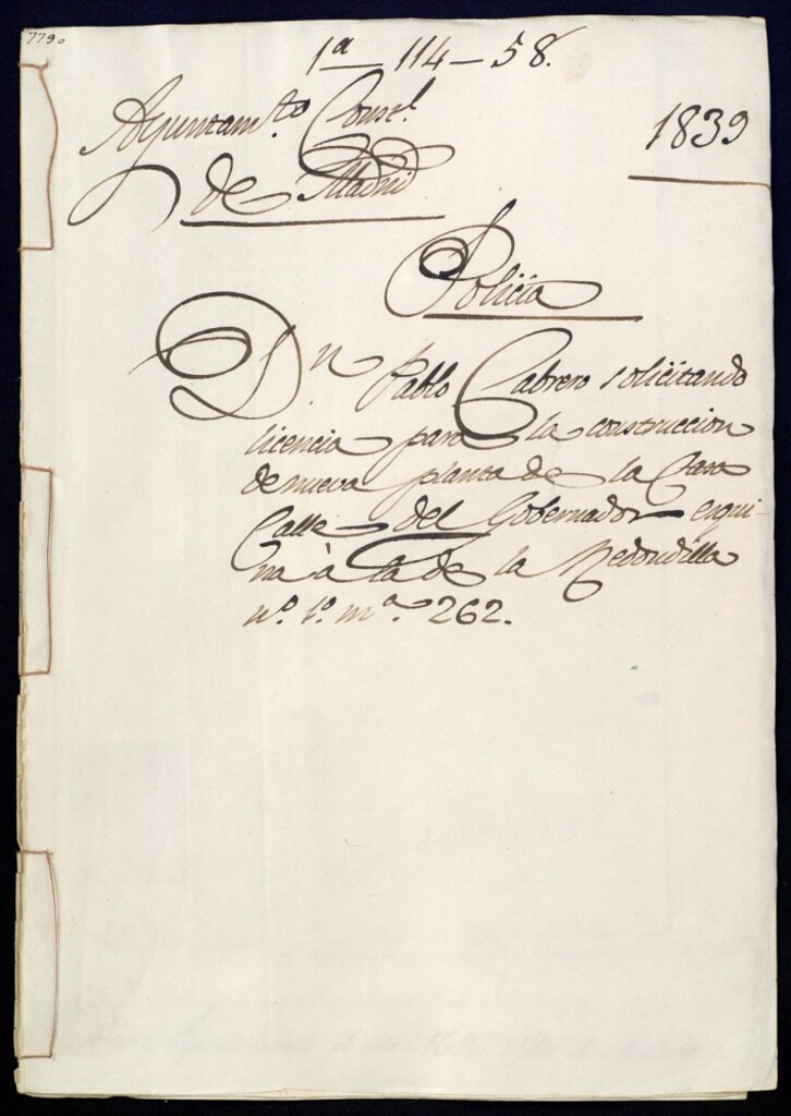 Miniatura de Don Pablo Cabrero solicitando licencia para la construcción de nueva planta de la casa de la calle del Gobernador esquina a la de la Redondilla, 1, manzana 262