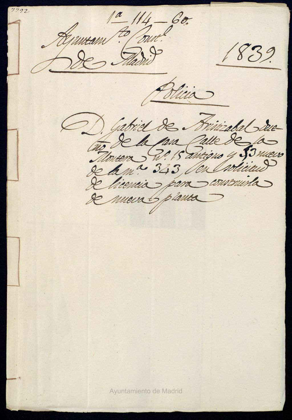 Miniatura de Don Gabriel de Aristizábal dueño de la casa de la calle de la Montera, 15 antiguo y 53 moderno, de la manzana 343, en solicitud de licencia para construirla de nueva planta.