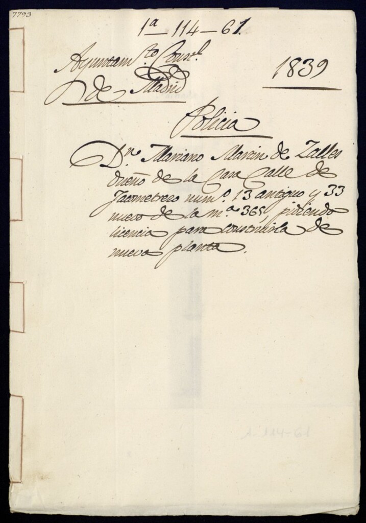 Miniatura de Don Mariano Martín de Zalles dueño de la casa de la calle de Jacometrezo número 13 antiguo y 33 nuevo de la manzana 365, pidiendo licencia para construirla de nueva planta.