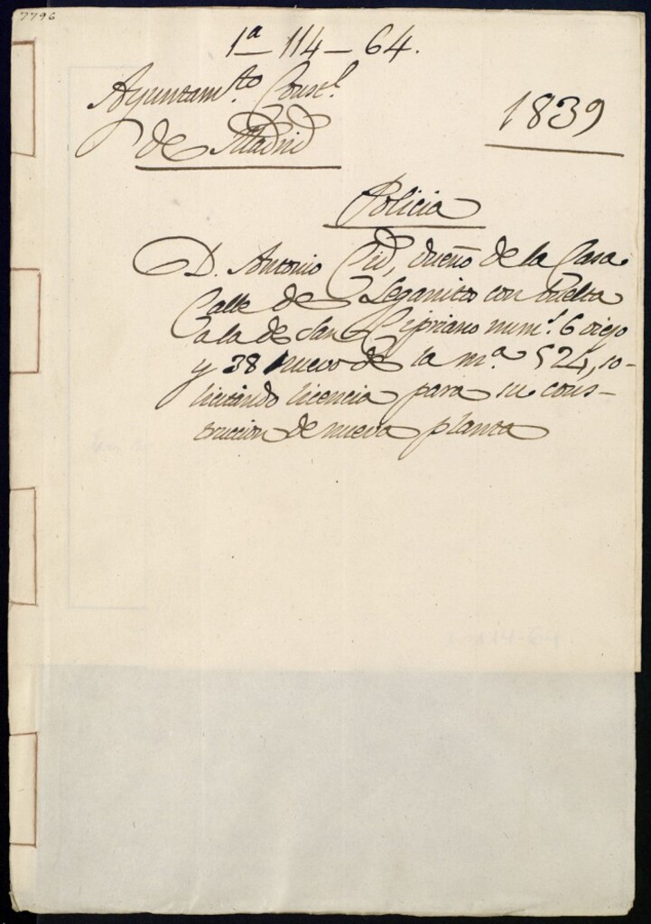 Miniatura de Don Antonio Cid, dueño de la casa de la calle de Leganitos con vuelta a la de San Cipriano, 6 viejo y 38 nuevo de la manzana 524, solicitando licencia para su construcción de nueva planta.