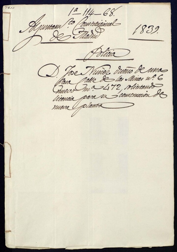 Miniatura de Don José Núñez de una casa, calle de las Minas nº 69 nuevo, manzana 472, solicitando licnecia para su construcción de nueva planta.