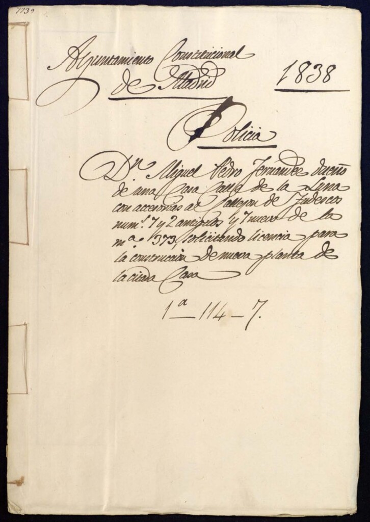 Miniatura de Don Miguel Pedro Fernández, dueño de una casa, calle de la Luna con accesorias al Callejón de Tudescos nº 7 y 2 antiguos y 7 nuevo de la manzana 373, solicitando licencia para la construcción de nueva planta de citada casa.