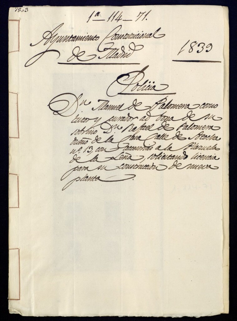 Miniatura de Don Manuel de Palomera como tutor y curador de su sobrino, Don Rafael de Palomera dueño de una casa calle de Atocha nº 13, con accesorias a la Plazuela de la Leña, solicitando licencia para su construcción de nueva planta.