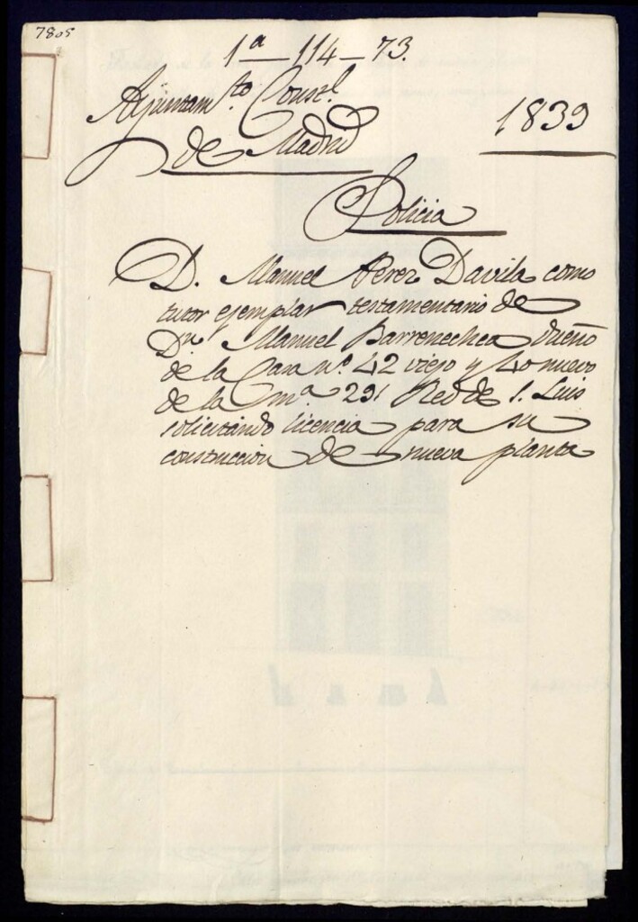 Miniatura de Don Manuel Pérez Dávila como tutor ejemplar testamentario de Don Manuel Barrenechea, dueño de la casa nº 42 viejo y 40 nuevo de la manzana 291, en la Red de San Luis solicitando licencia para su construcción de una nueva planta.