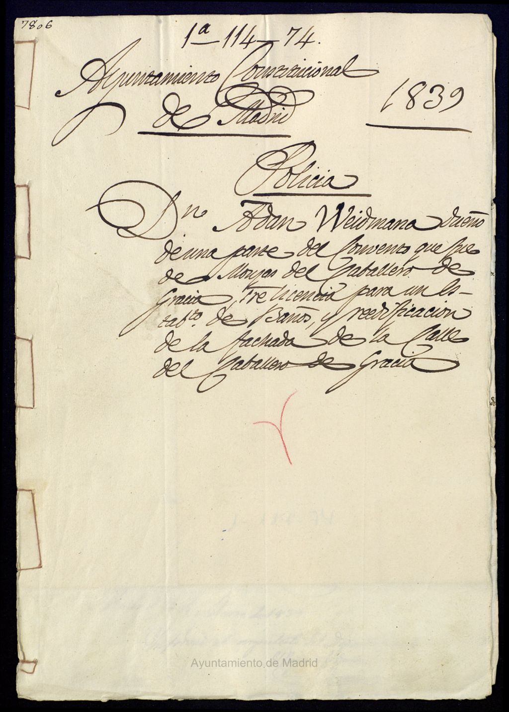 Miniatura de Don Adan Weidimana, dueño de una parte del Convento que fue de las monjas del Caballero de Gracia, presenta licencia para un establecimiento de baños y reedificación de la fachada de la calle del Caballero de Gracia.