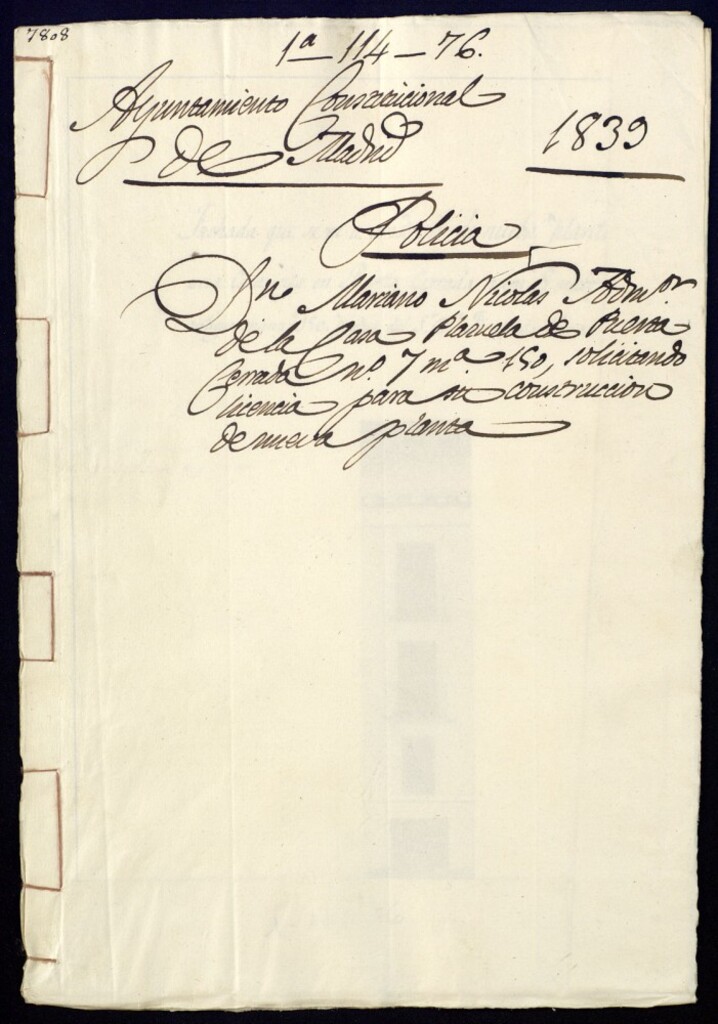 Miniatura de Don Mariano Nicolás, administrador de la casa, Plazuela de Puerta Cerrada nº 7, manzana 150, solicitando licencia para su construcción de nueva planta.