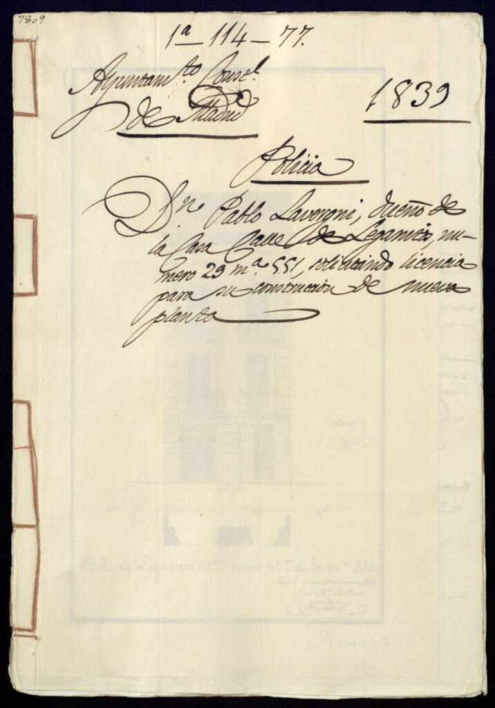 Miniatura de Don Pablo Lavergni, dueño de la casa, calle de Leganitos, nº 29, manzana 551, solicitando licencia para su construcción de nueva planta.