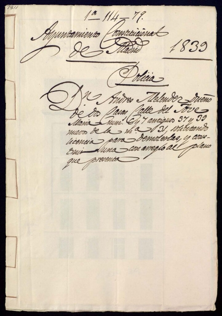 Miniatura de Don Andrés Meléndez, dueño de dos casas, calle del Ave María nº 6 y 7, antiguos 37 y 39, nuevos de la manzana 31, solicitando licencia para demolerlas, y construir una con arreglo al plano que presenta.