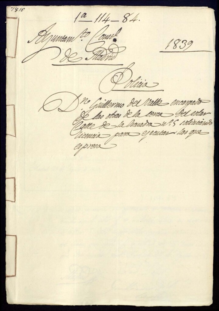 Miniatura de Don Guillermo del Valle, encargado de las obras de la cerca del solar, calle de la Escuadra nº 5, solicitando licencia para ejecutar las que expresa.